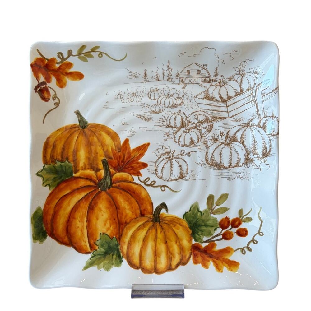 Maxcera FALL PUMPKINS Dinner Plates 11" Square Ceramic Set of 4 Thanksgiving NEW